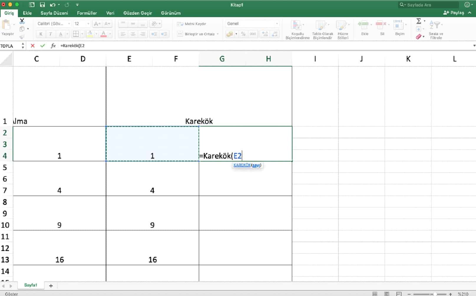 excel karakök alma