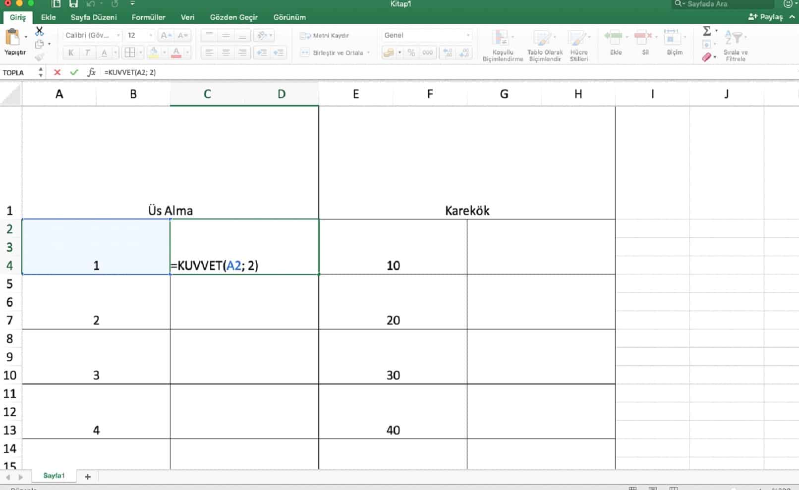 excel üst alma