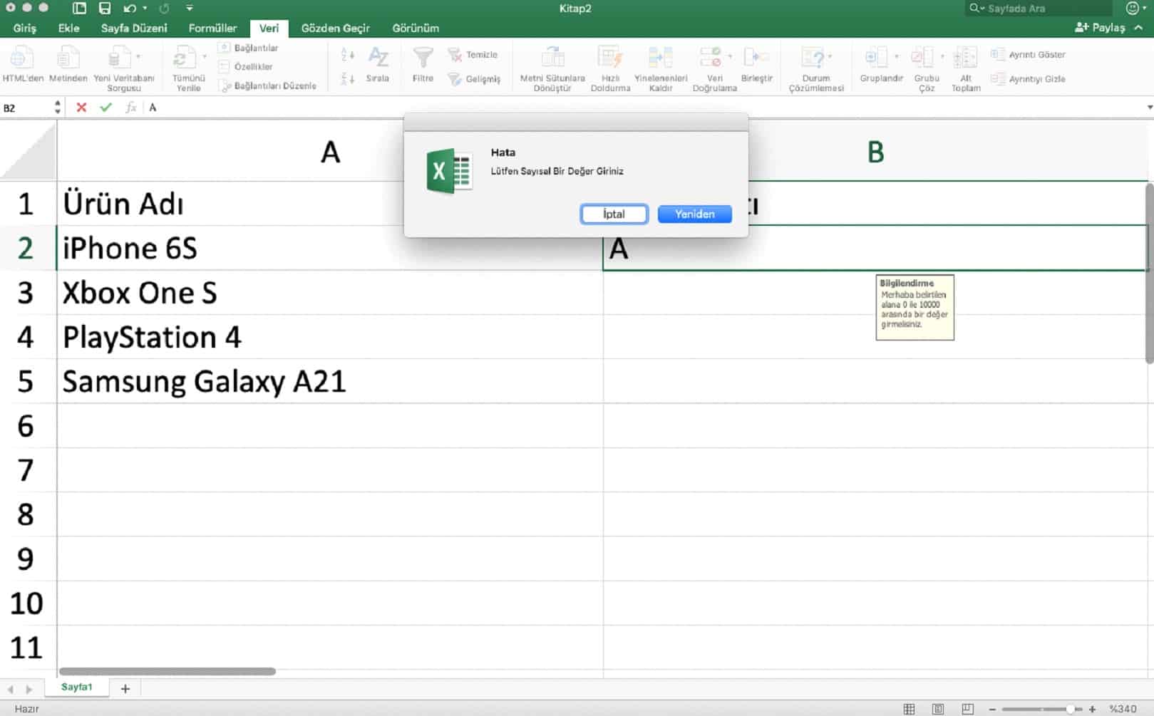 sayısal değer giriniz