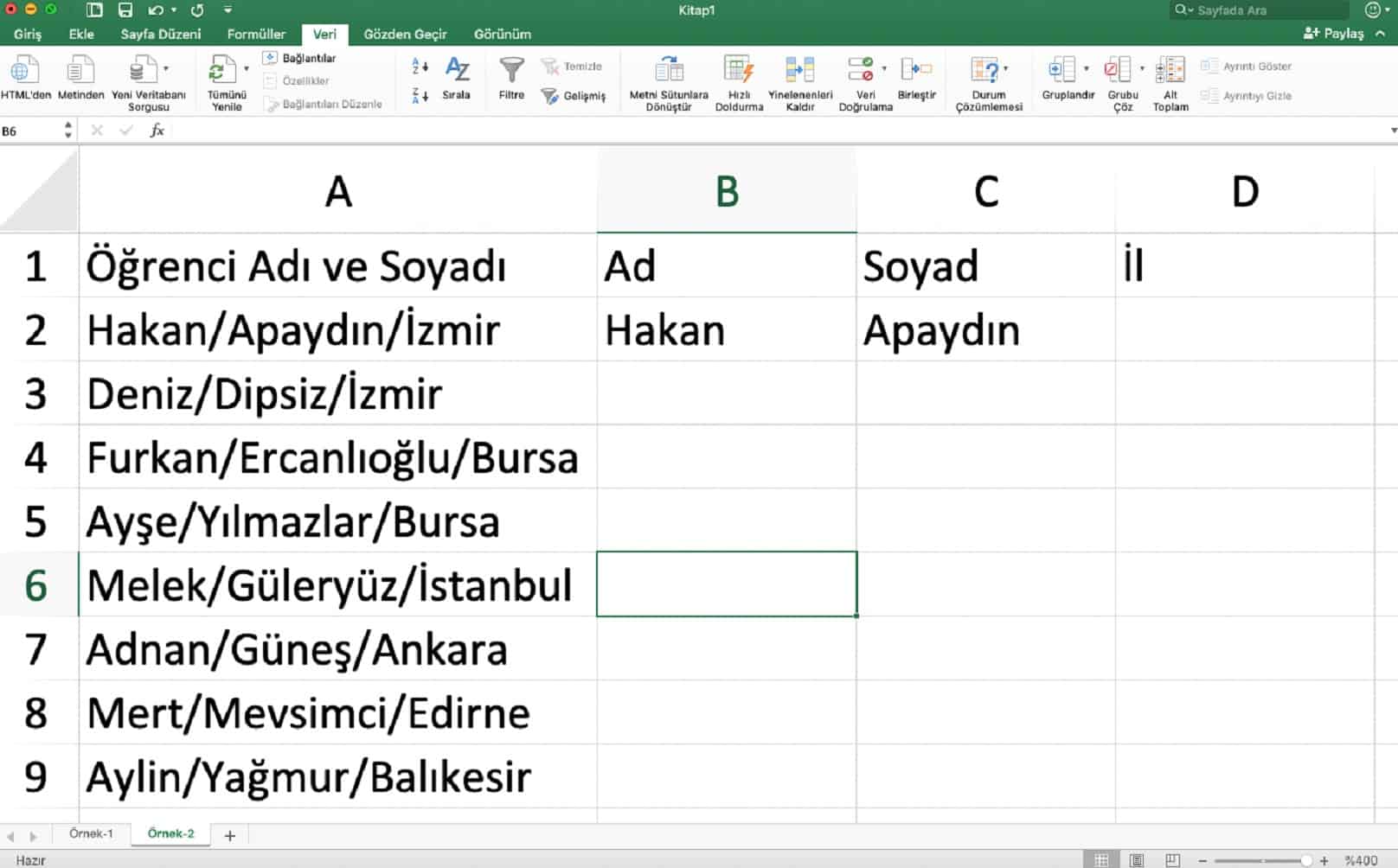 excel eğik çizgi