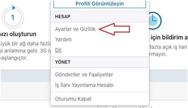 ayarlar ve gizlilik profil linkedin