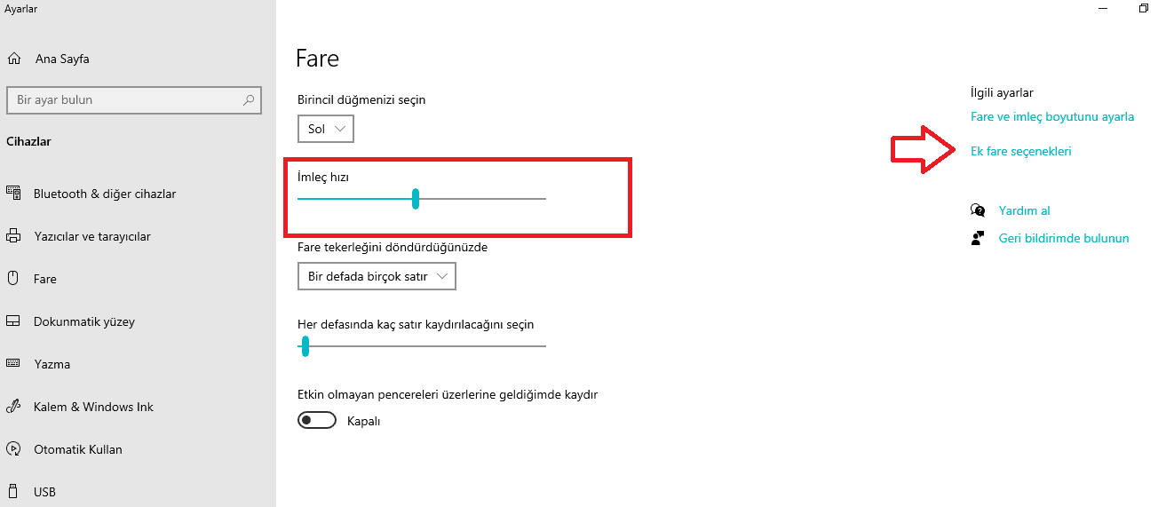 imleç hızı ayarları
