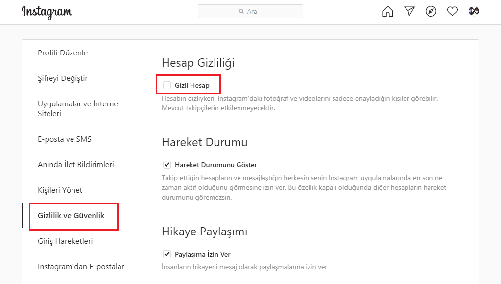 instagram gizlilik hesap